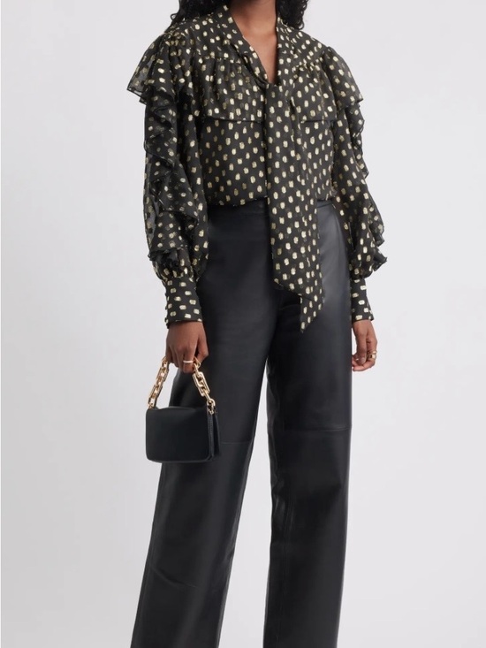 Treasure & Bond Tops - Black Tie-Neck Blouse with Gold Dot Print